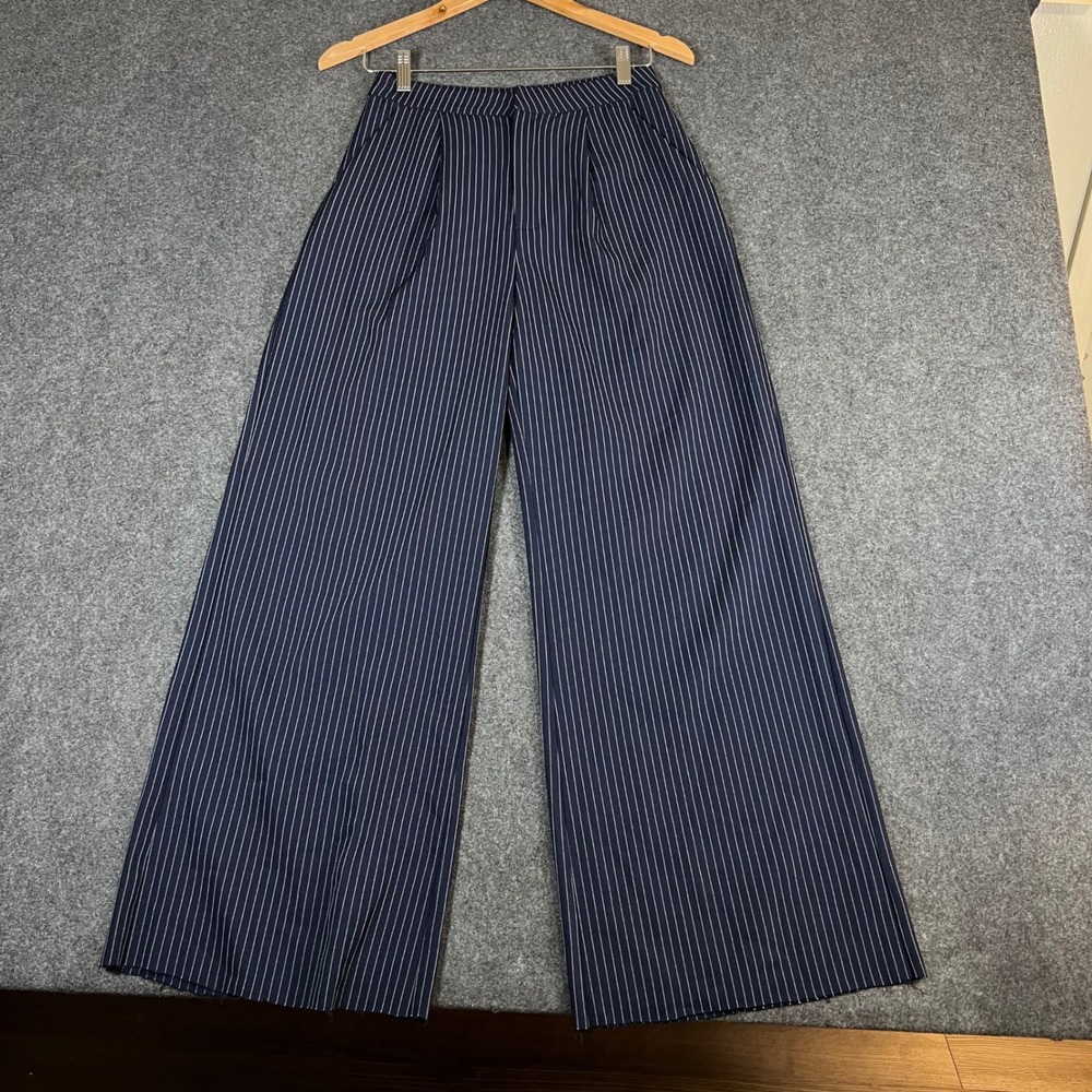 Princess Polly Navy Blue Pinstripe Wide Leg Trousers High Waist Size US 4